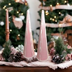 Set of 2 “Rustic Elegance: Red Ticking Stripe Cone Trees for Holiday Bliss"